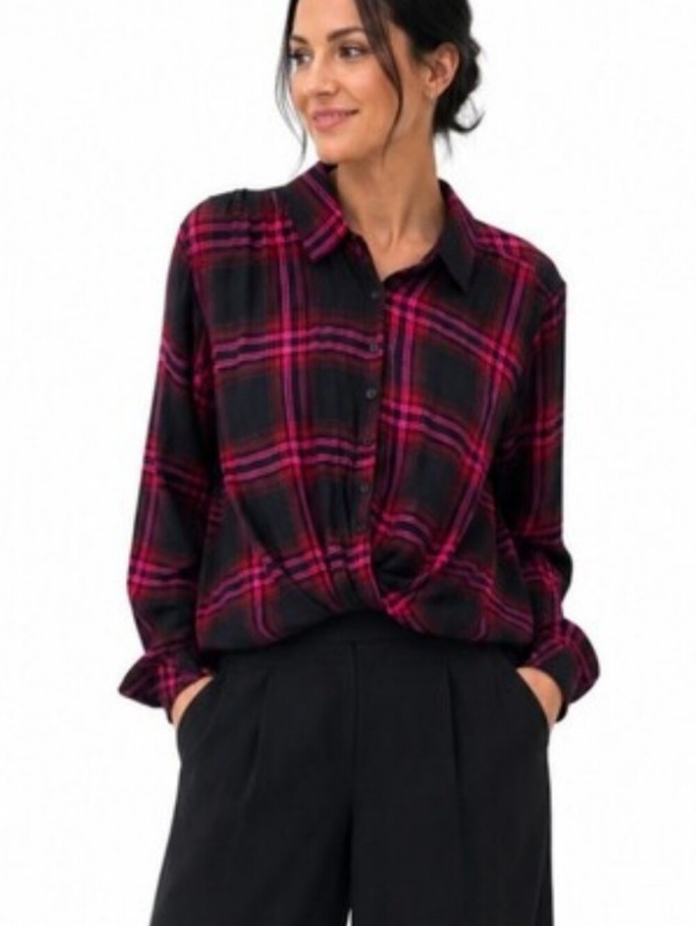 Tolani Collection Plaid Ivanna Draped Top Mixed Print Floral Back